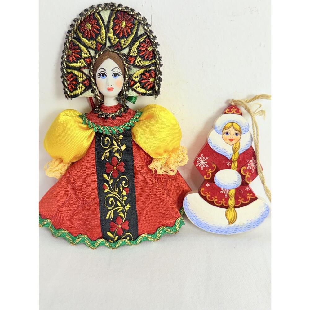 2 Russian Folk Girl Yellow Red Embroidered Headdress Traditional Doll Ornaments